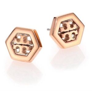 Tory Burch Hex-Logo Stud Earrings Rose Gold